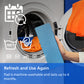 A person holds a blue reusable laundry pad in front of an open washing machine door with orange laundry inside. White icons and text explain features such as 6-month use, 40°C wash temperature, and machine washability.