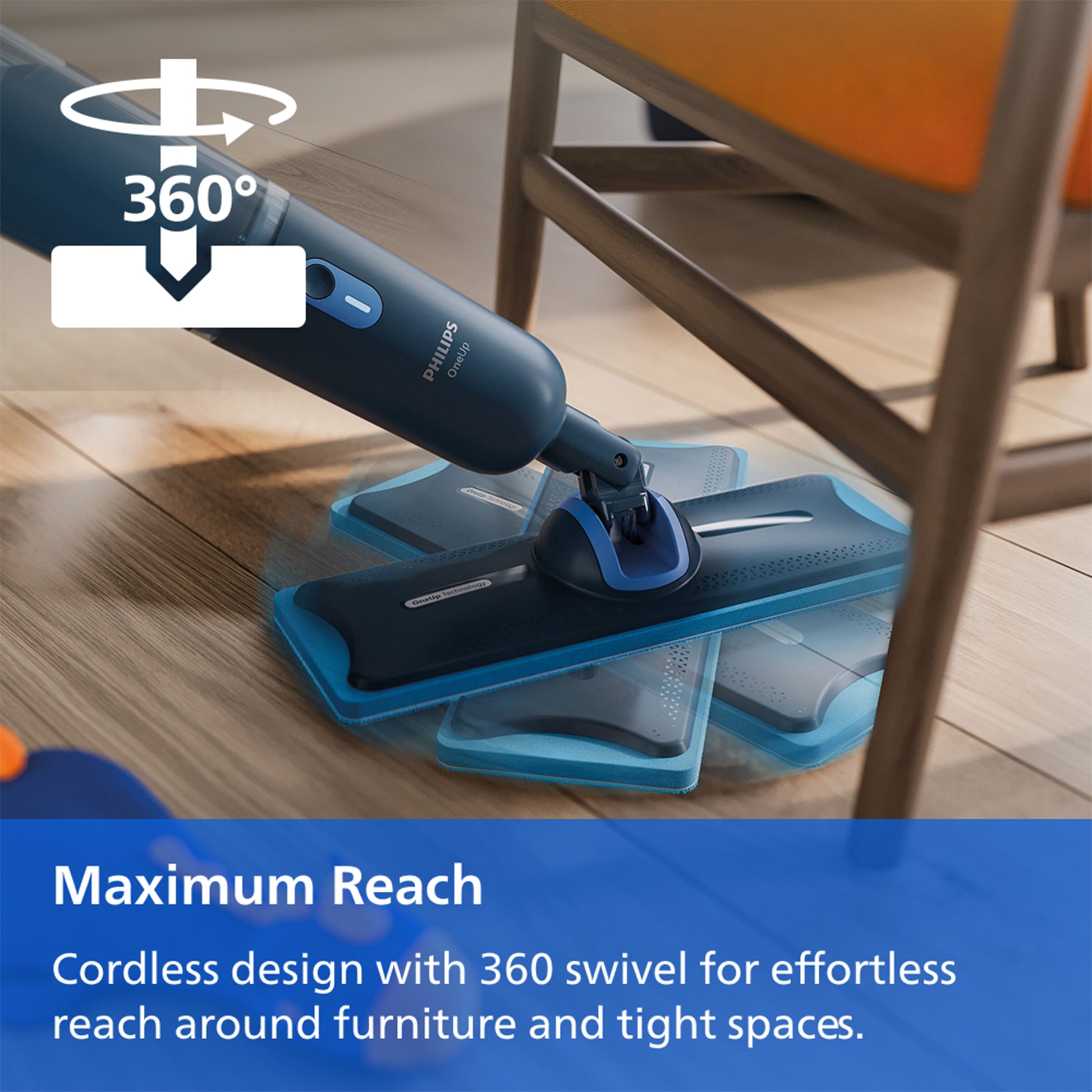 A cordless floor mop being used on a wooden floor beneath a chair, with a blue and gray 360-degree swivel graphic overlay and text reading 'Maximum Reach' at the bottom.