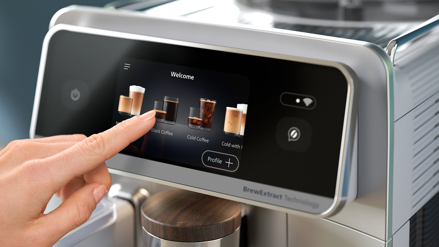 Hand interacting with a coffee machine's touch screen interface.
