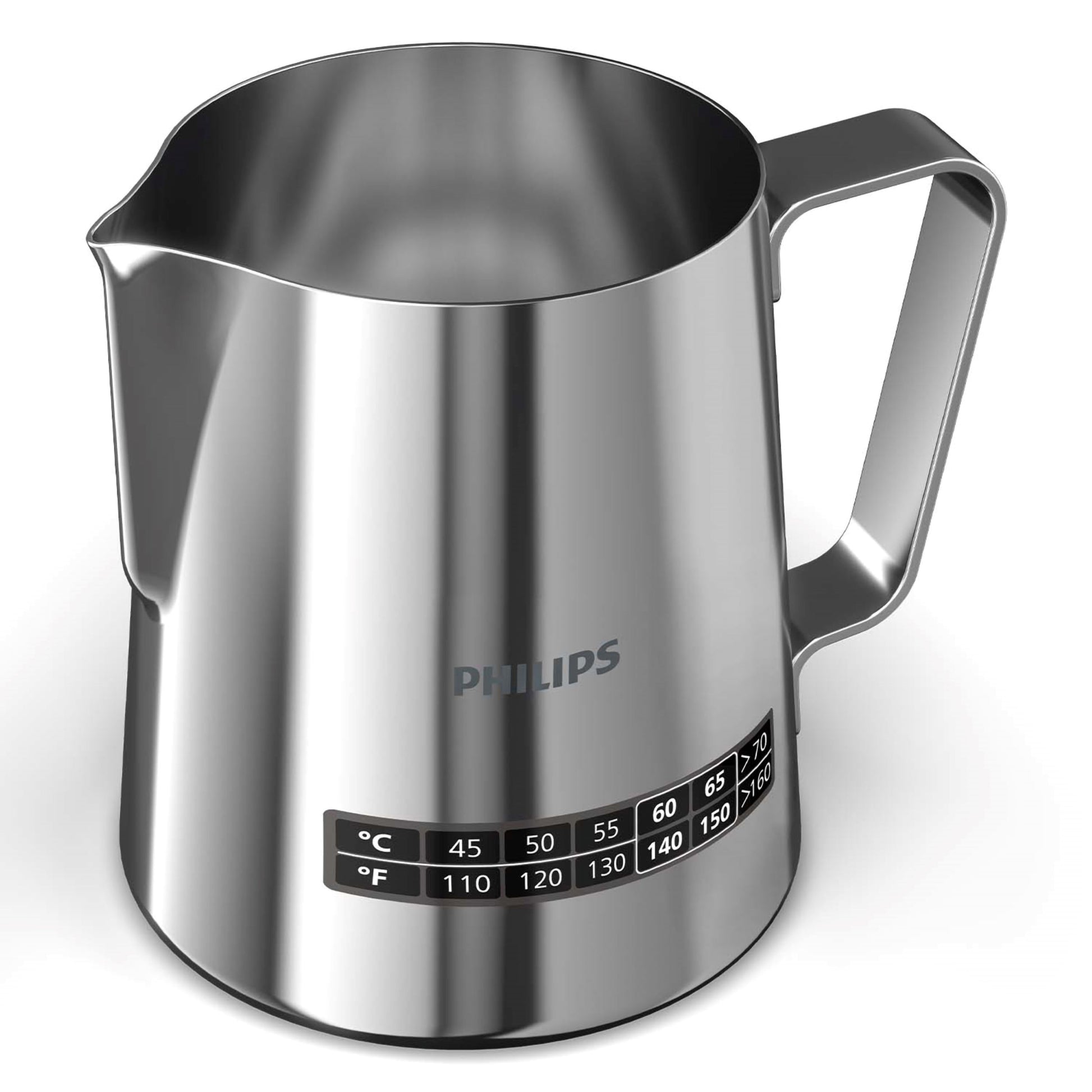 Stainless steel milk pitcher with temperature markings on a white background