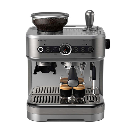 Philips espresso machine with two cups of coffee on a white background