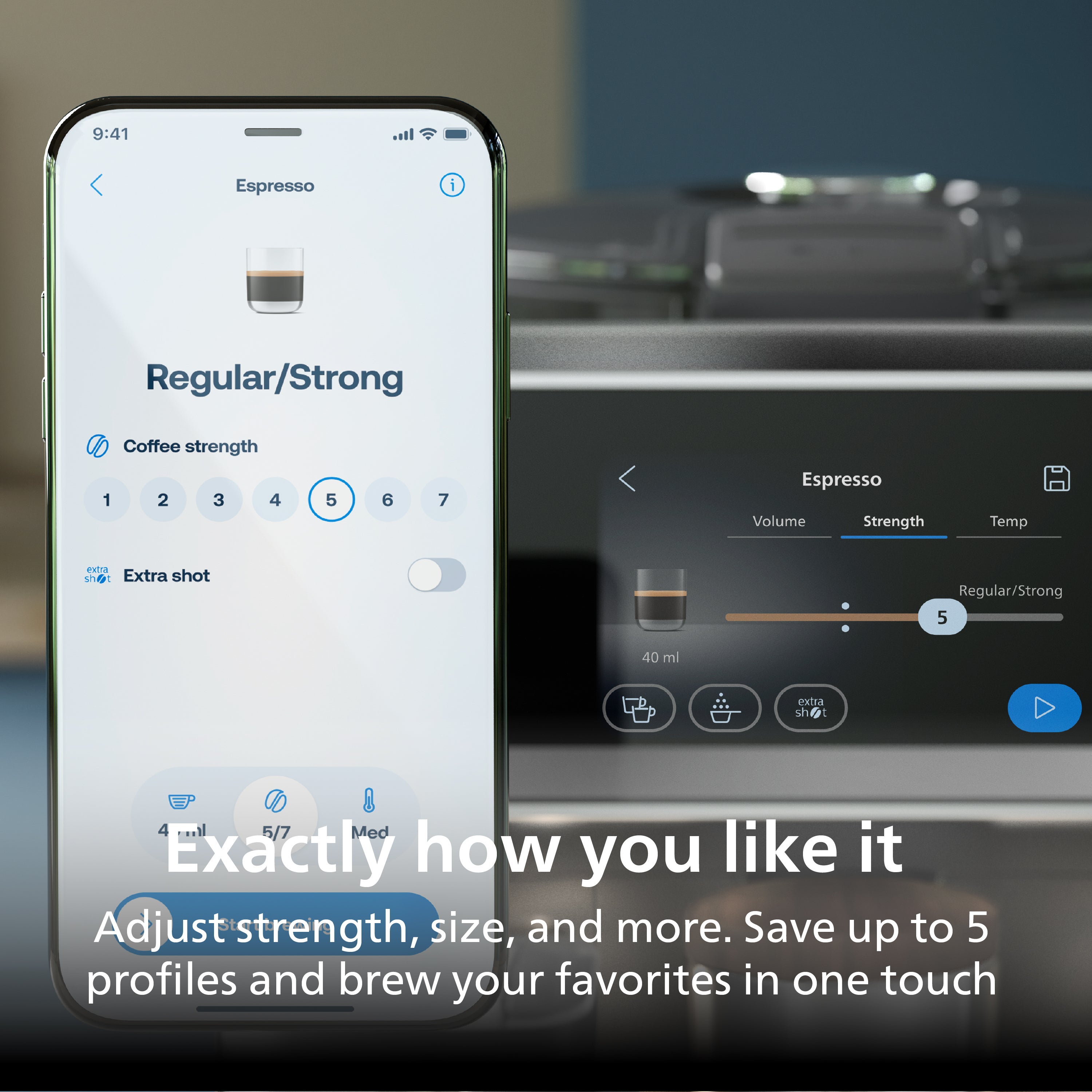 Smartphone displaying coffee machine app interface with text overlay