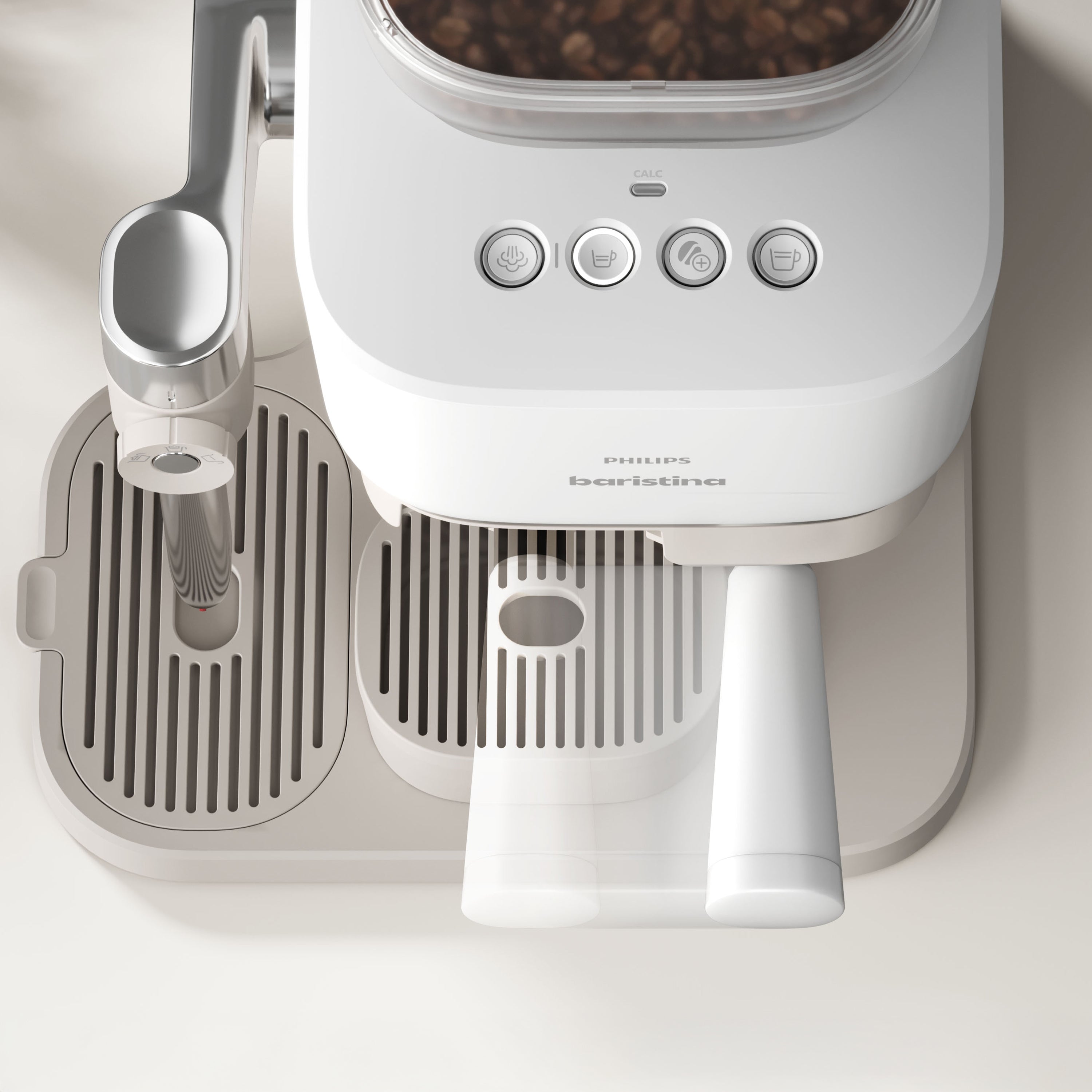 Baristina Latte machine with bean compartment and brewing spout on a light background