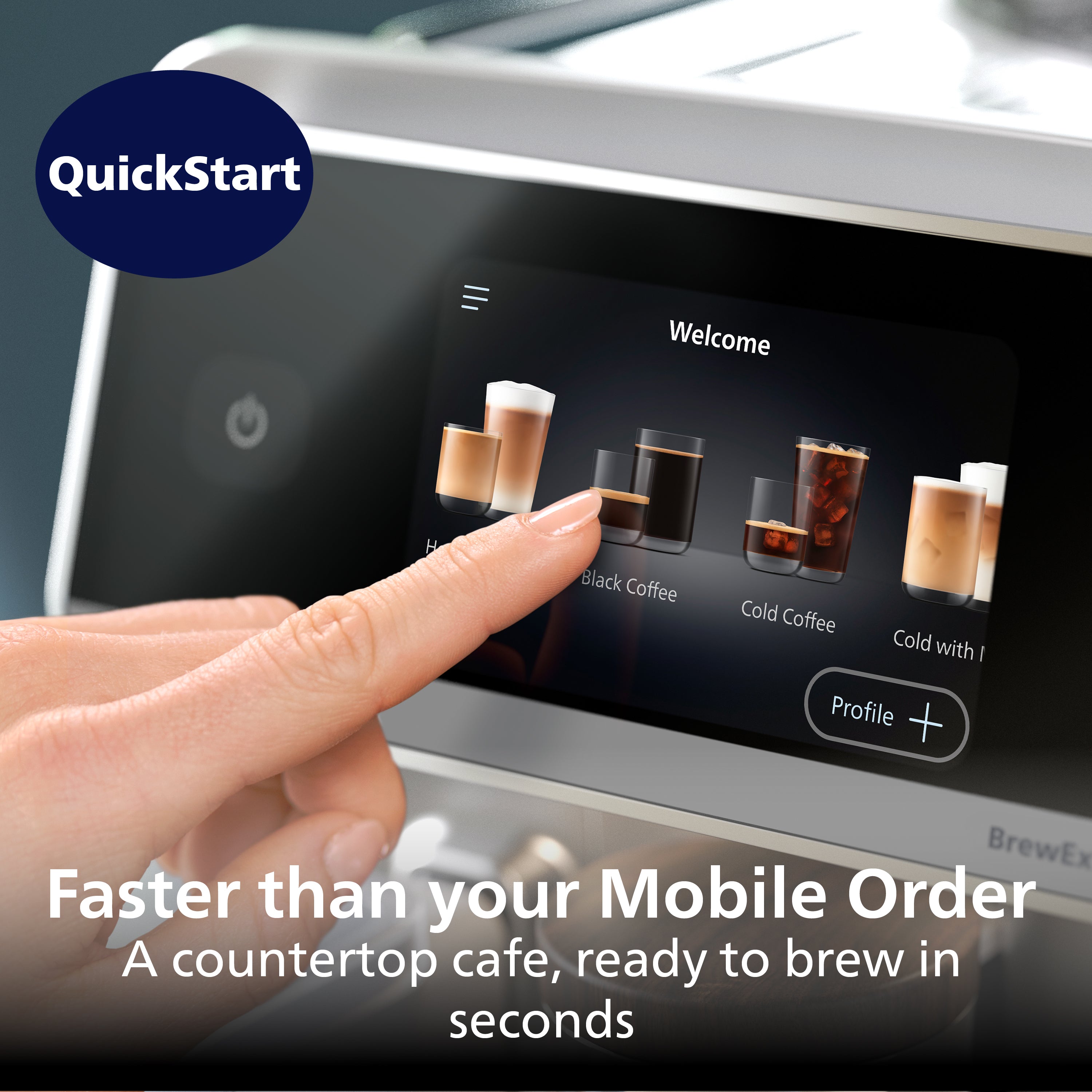 Touchscreen coffee machine with 'QuickStart' branding and a hand interacting with it.