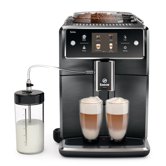 Saeco coffee machine with two cups of coffee and a milk container on a white background