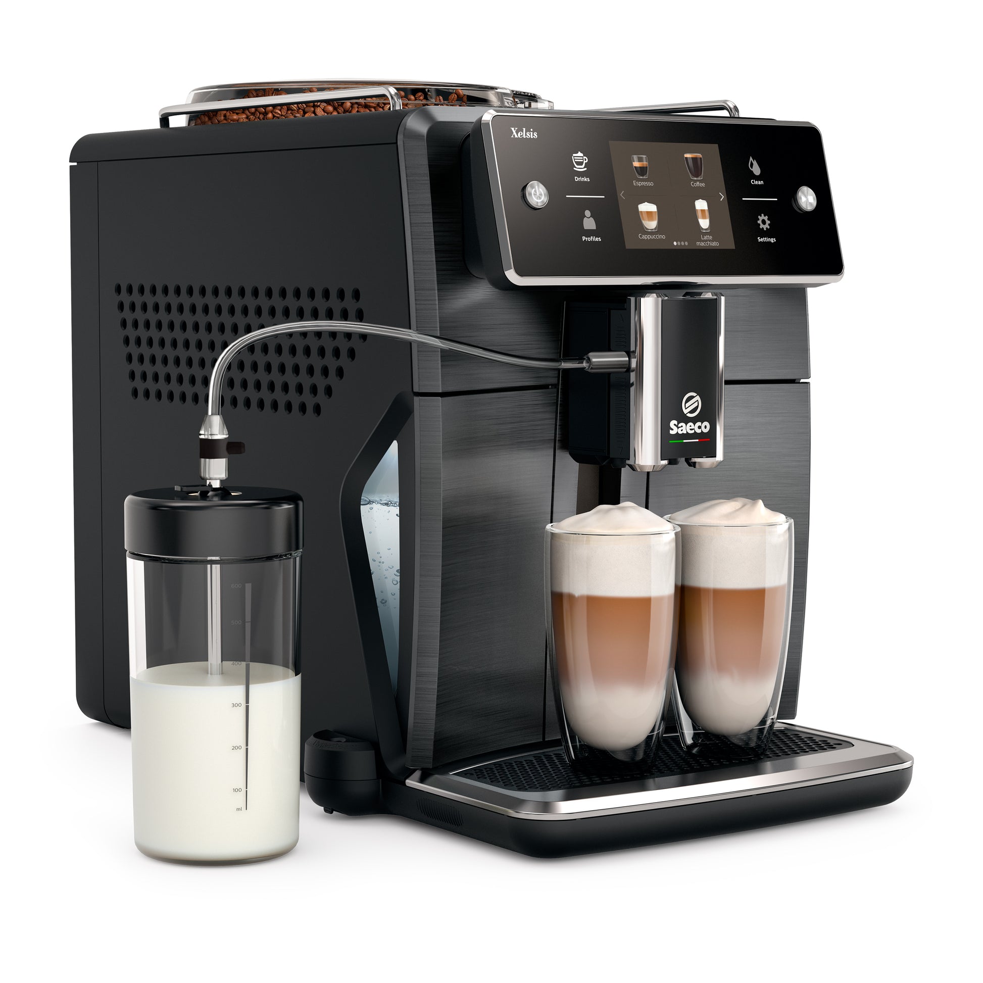 Saeco coffee machine with two cups of coffee and a milk container on a white background