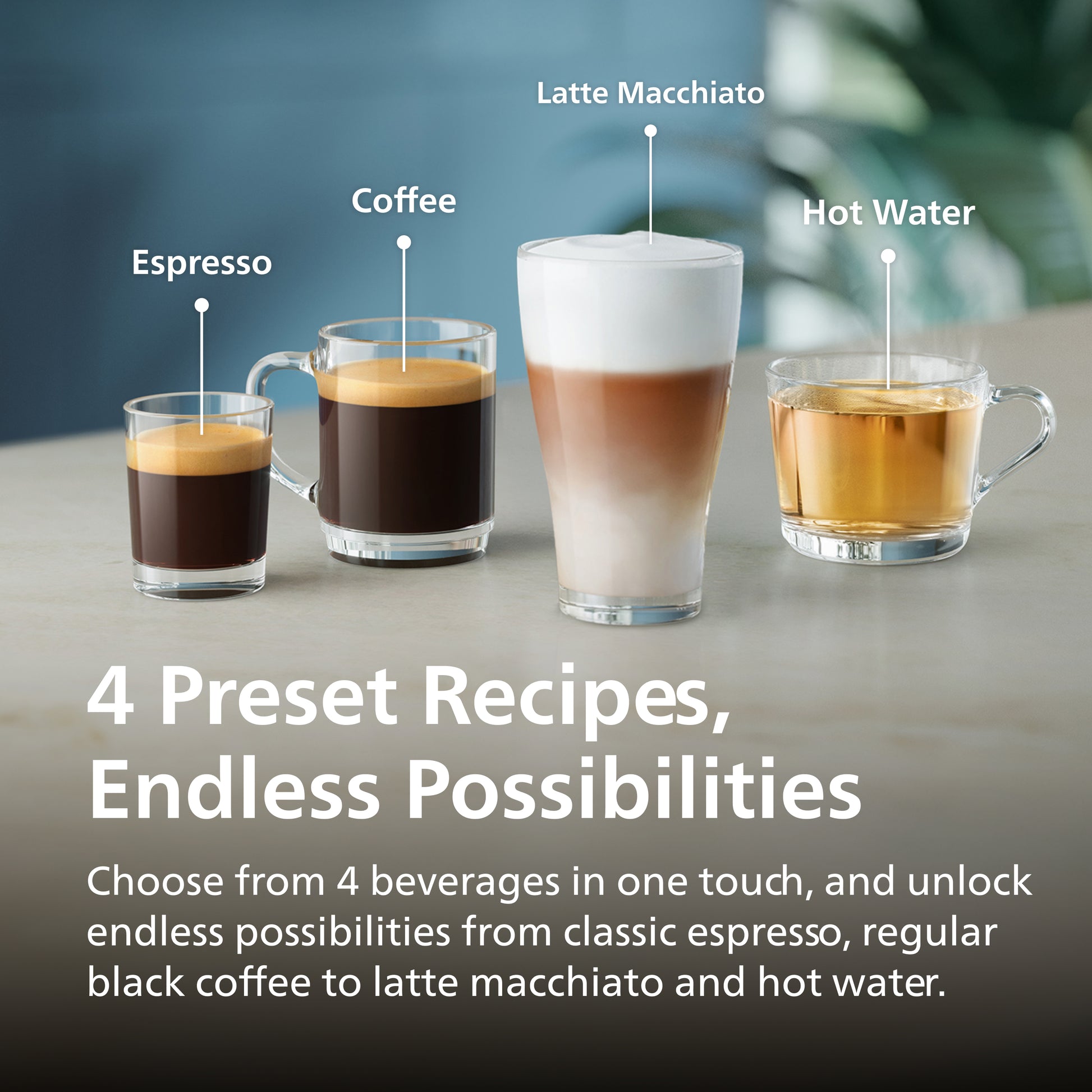 Four glasses of different coffee beverages with labels on a blurred background