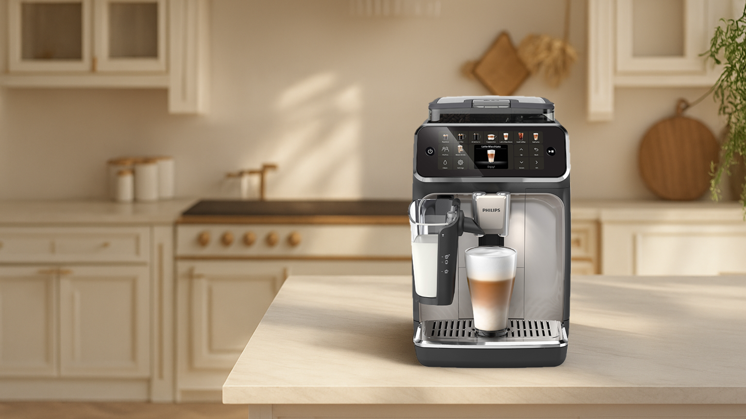 Philips coffee machine sitting on counter in a kitchen setting.