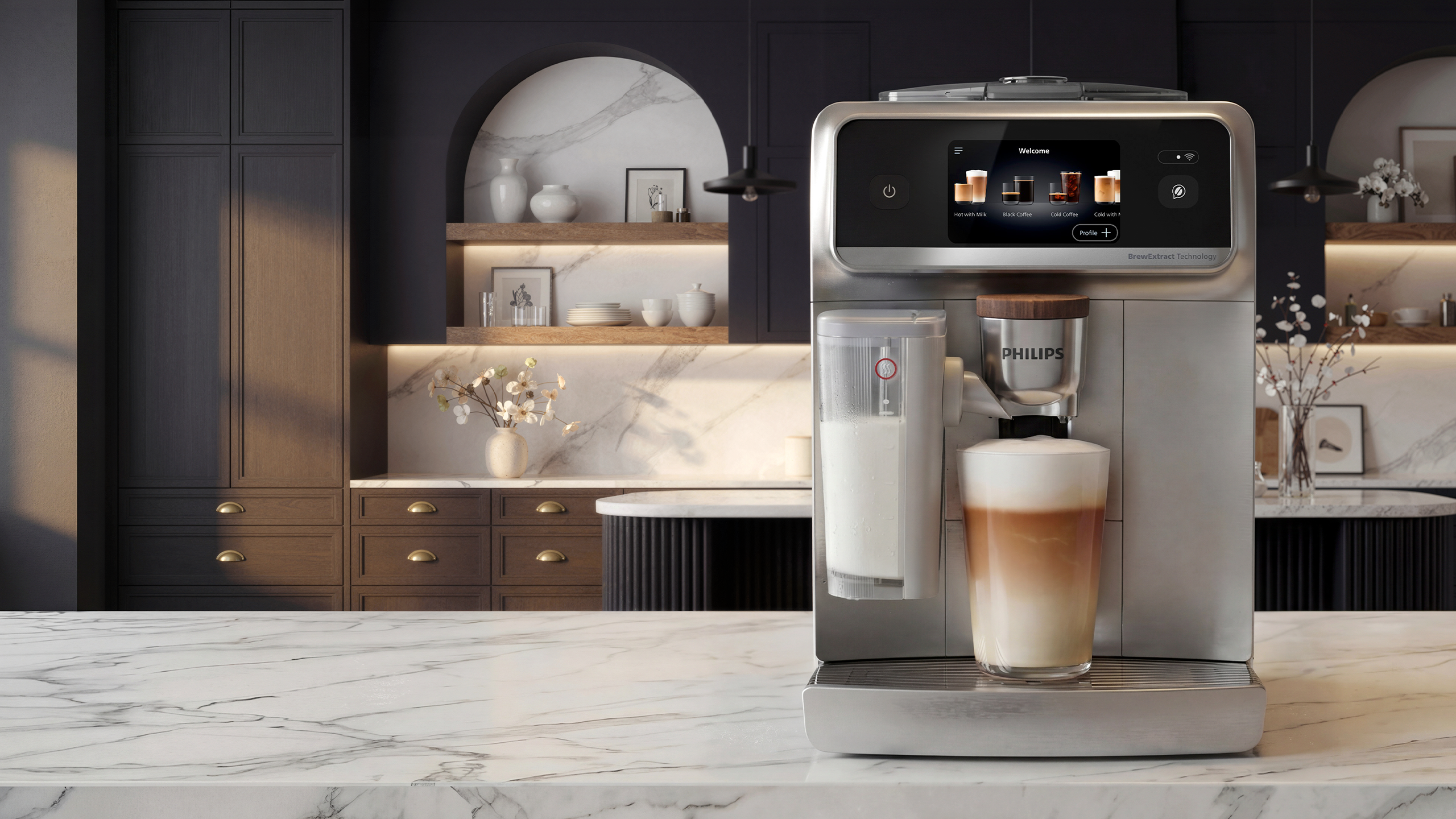 Espresso machine with a glass of coffee on a marble countertop in a modern kitchen.