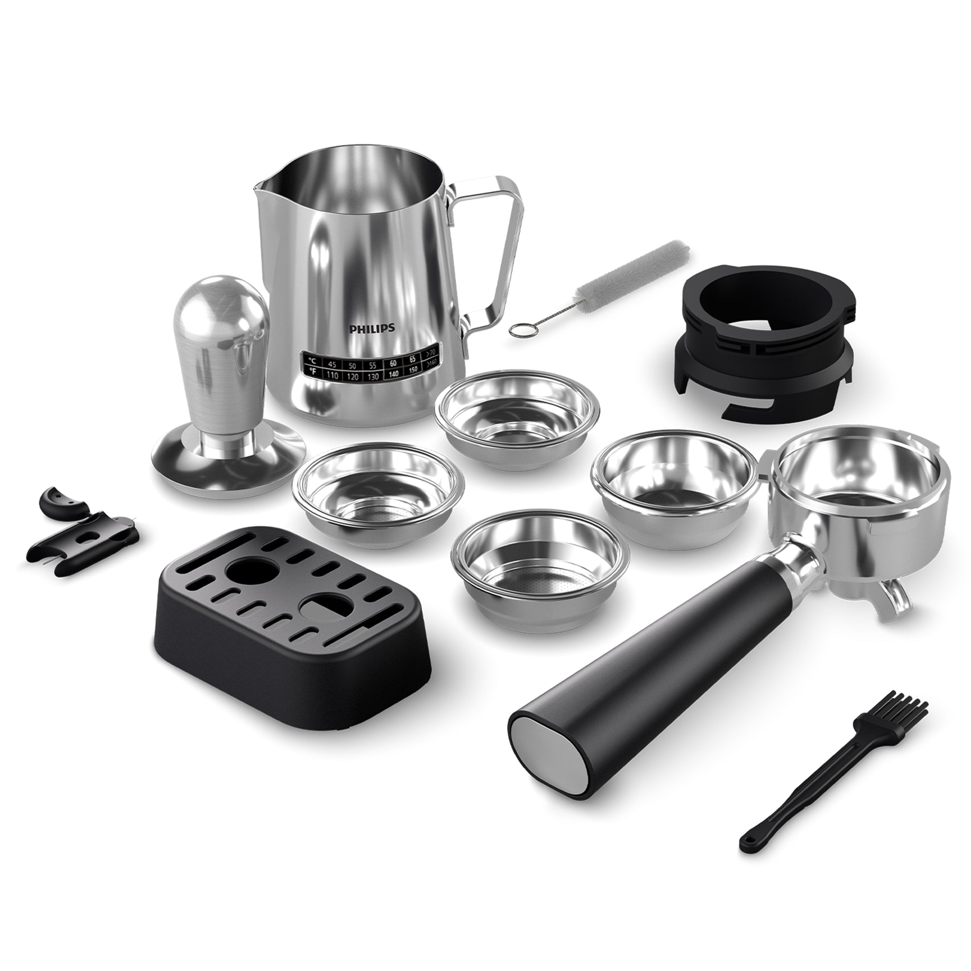 Collection of coffee brewing equipment including a milk pitcher, filters, and a brush on a white background.