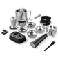 Collection of coffee brewing equipment including a milk pitcher, filters, and a brush on a white background.