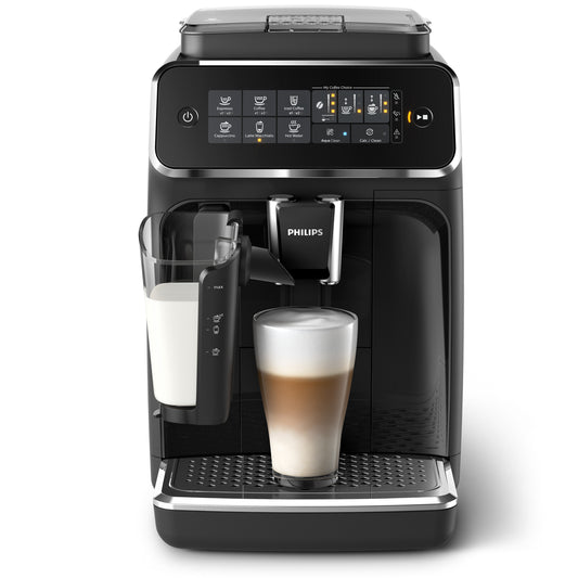 Philips coffee machine with a glass of coffee on a white background